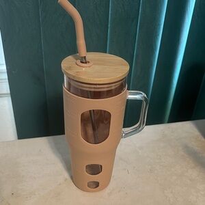 Pink Glass Tumbler with Bamboo Lid and Straw